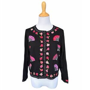 VTG Y2K Michael Simon Lite 100% Cotton Embroidered Fans & Roses Black L Cardigan